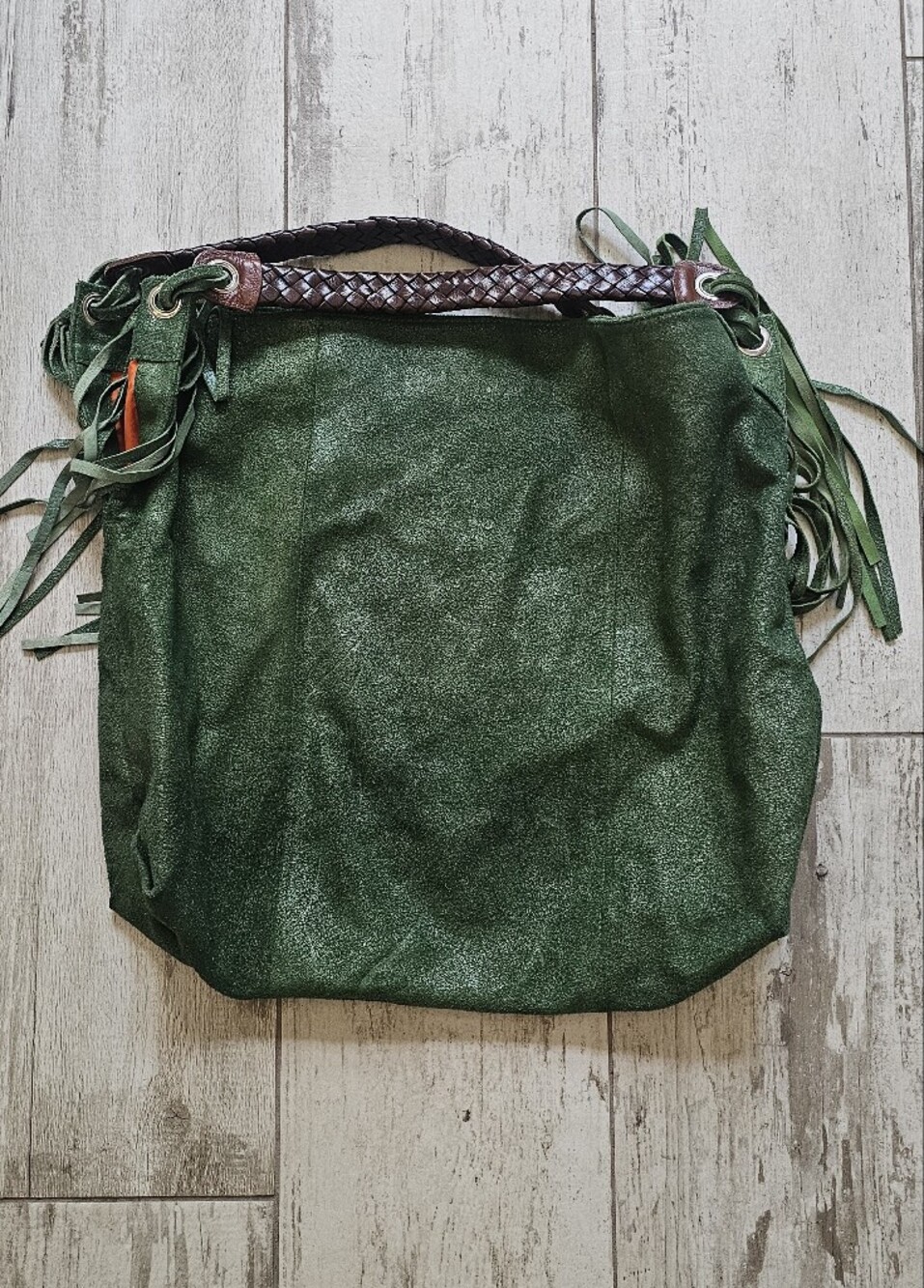 Tano Green Fringe Shoulder Hobo Bag With A Metallic Finish